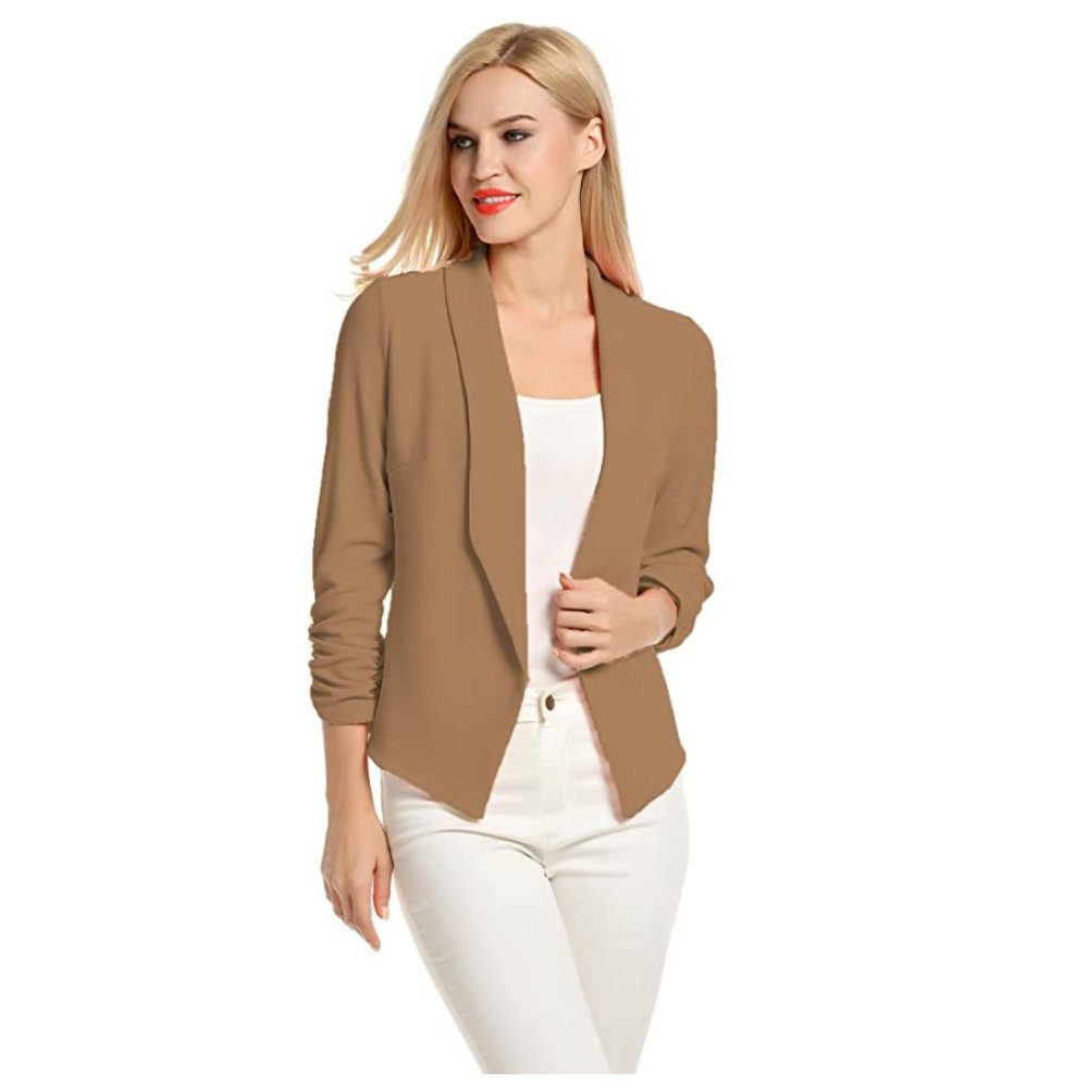 Tan 3/4 Sleeve Open Front Blazer